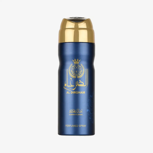Blue metallic al dirgham limited edition perfumed body spray can with gold accents by ard al zaafaran 200ml