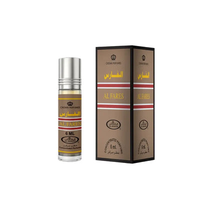 Silver-topped glass rollerball bottle of al fares concentrated perfume oil 6 ml by al rehab for personal fragrance use