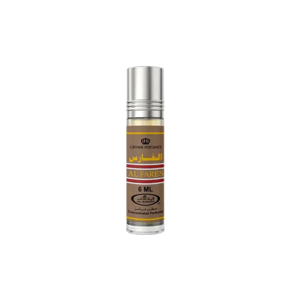 A sleek silver roll-on concentrated perfume oil bottle with a brown label gold and red accents al fares 6 ml
