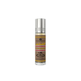 A sleek silver roll-on concentrated perfume oil bottle with a brown label gold and red accents al fares 6 ml