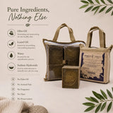Bar of soap with packaging and text about pure ingredients on a neutral background
