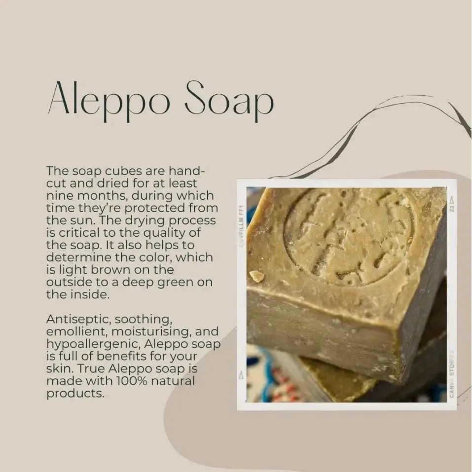 Close-up of Aleppo Soap with text about its production and benefits.