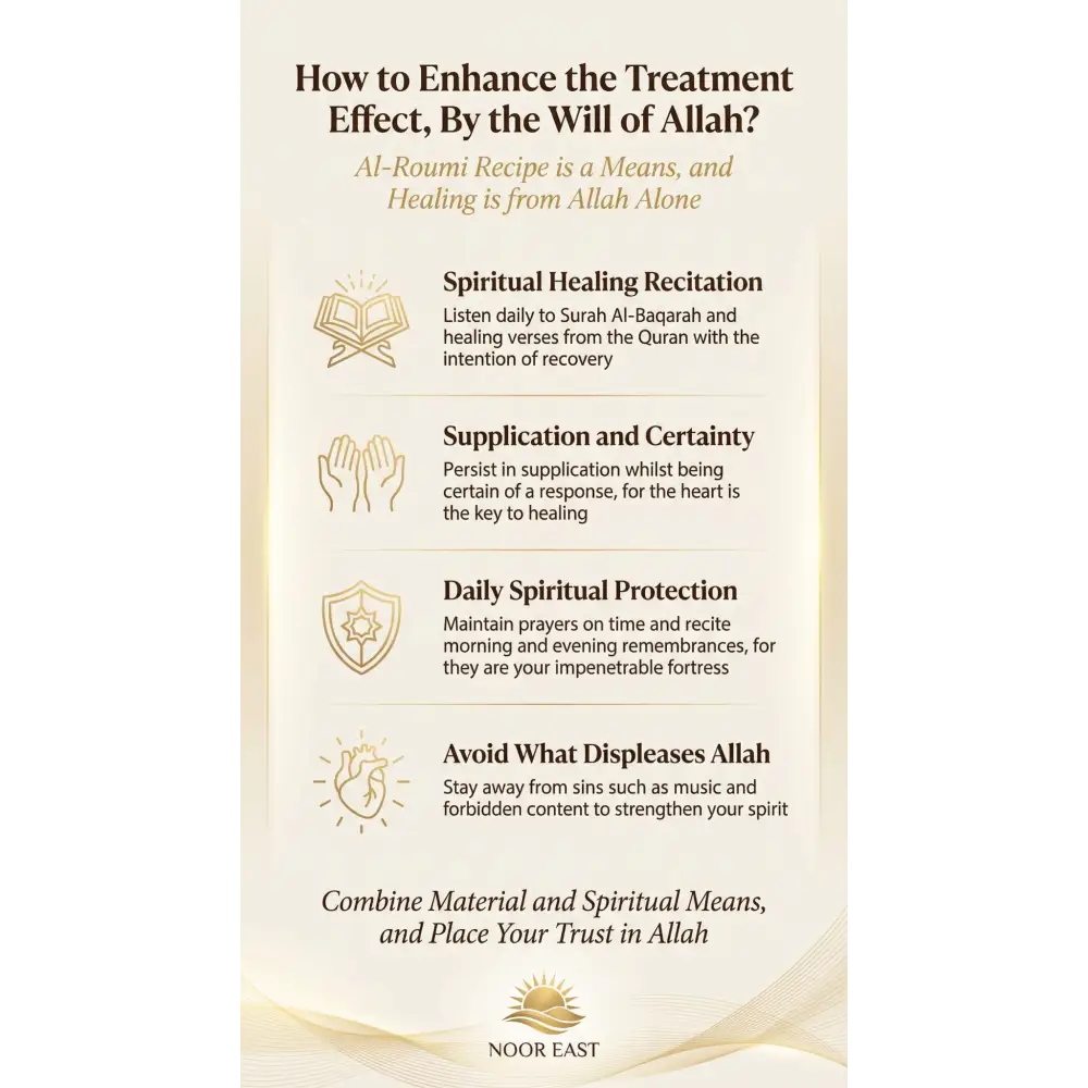 An infographic with gold text on beige showing spiritual practices for healing in al-roumi recipe day ruqyah bath seeking protection