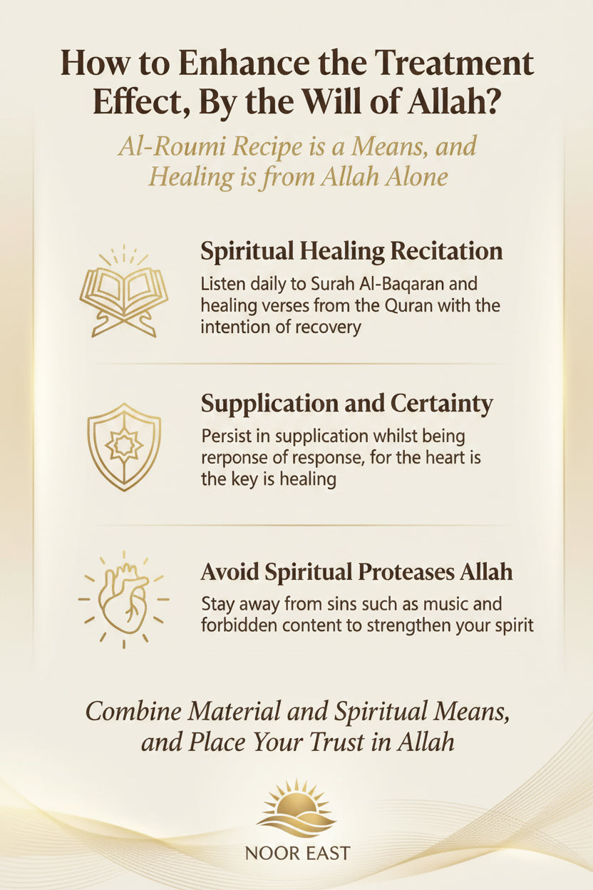 An infographic with gold text on beige showing spiritual practices for healing in al-roumi recipe day ruqyah bath seeking protection