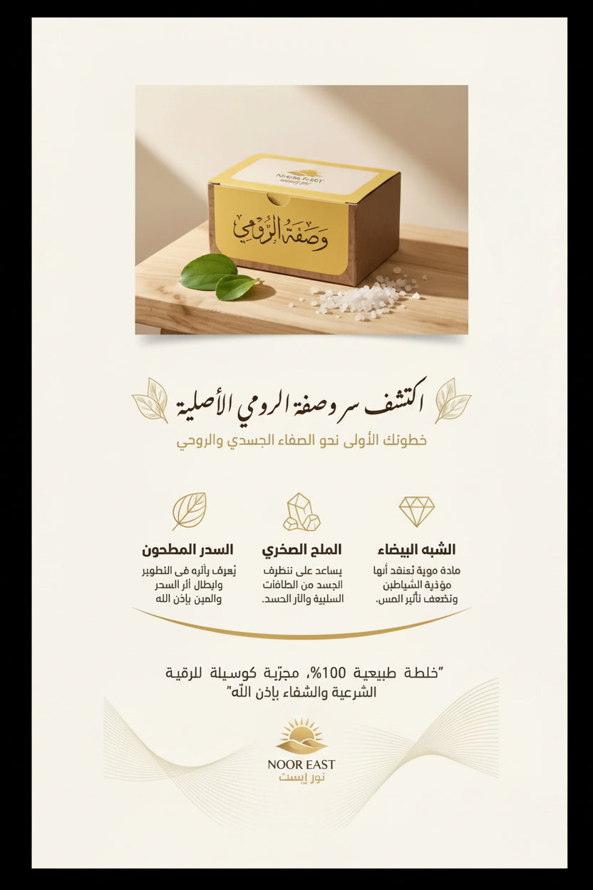 A rectangular wooden box with a gold lid featuring arabic script and noor east branding for al-roumi recipe day ruqyah bath seeking protection
