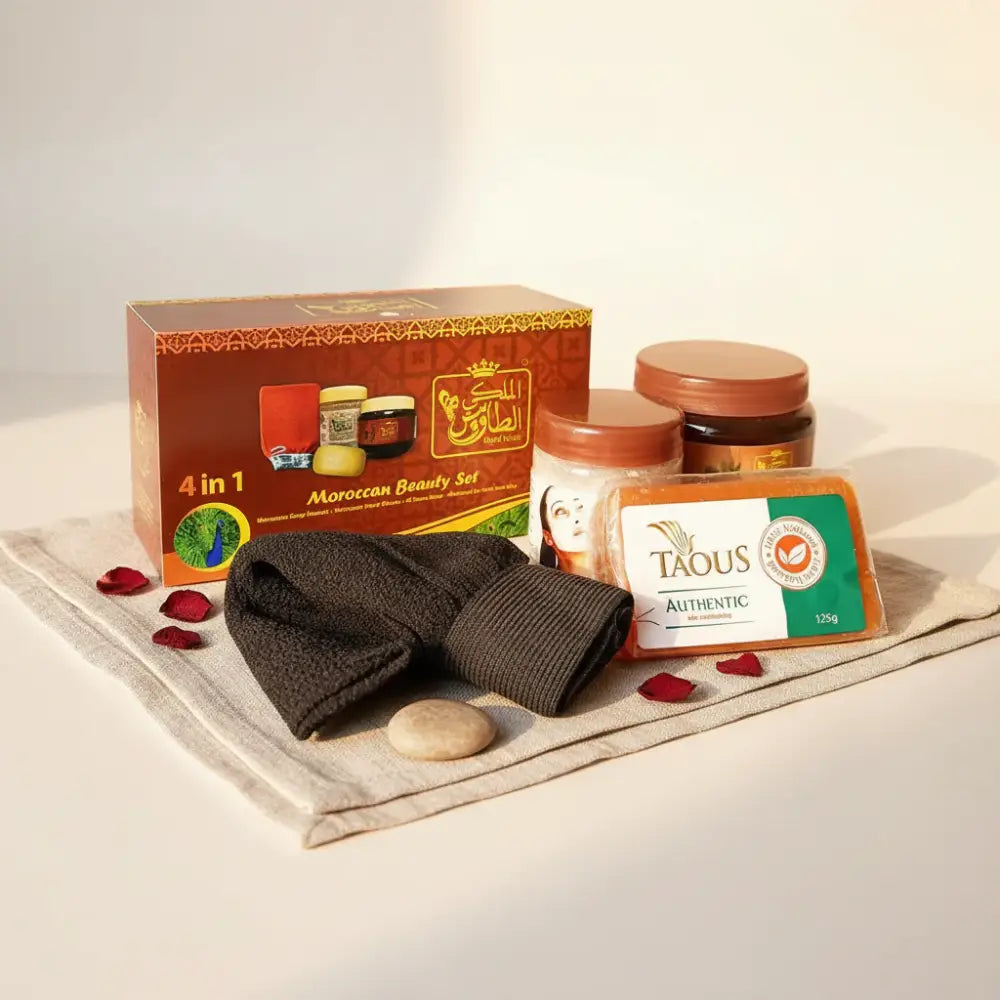 Moroccan beauty set with jars, a towel, and packaging on a white background