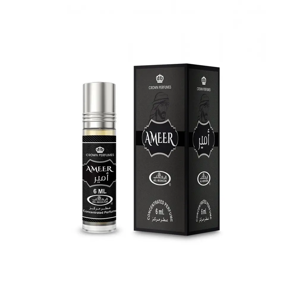 Silver-topped glass rollerball bottle of al rehab ameer concentrated perfume oil 6 ml in sleek black box with silver lettering