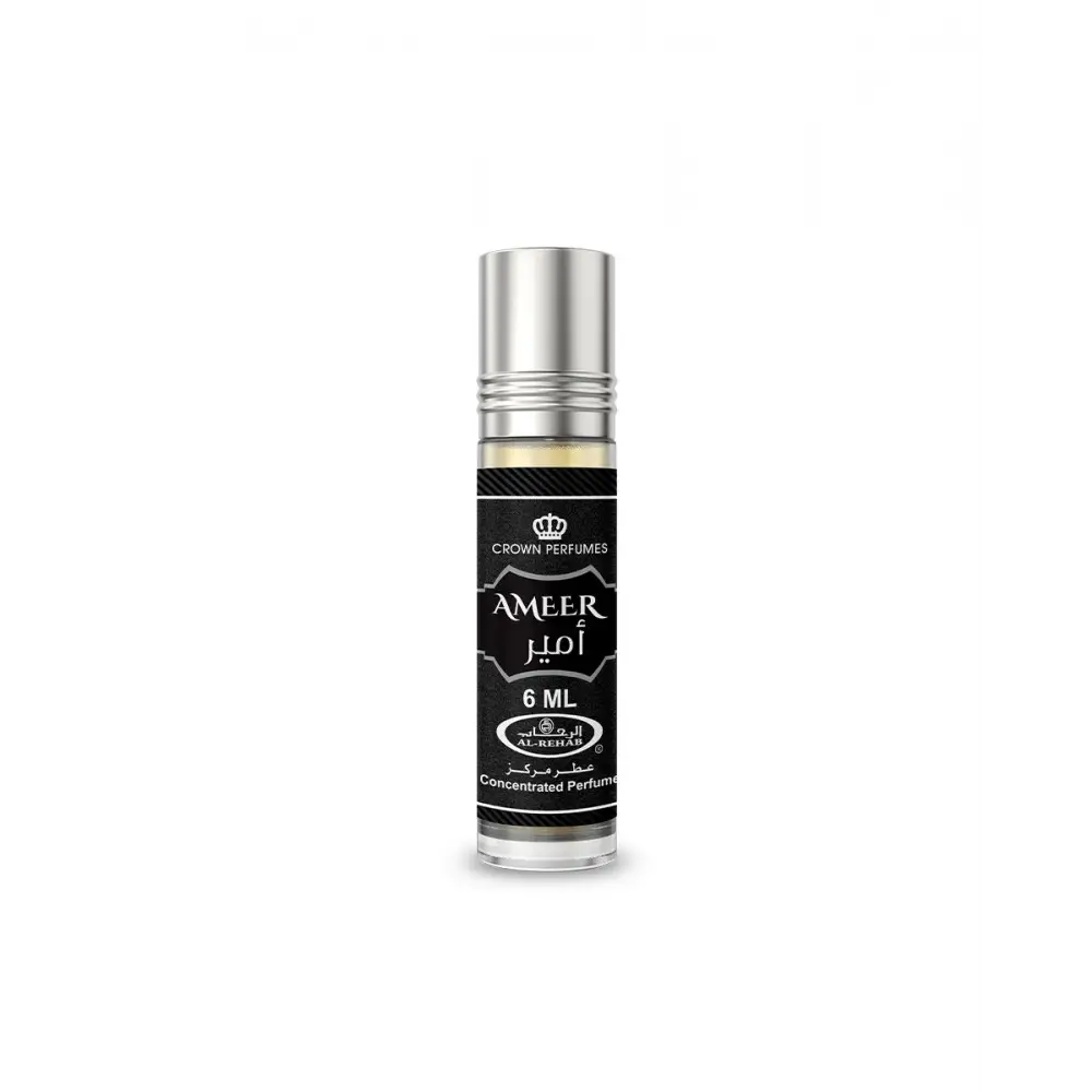 Silver-topped glass rollerball bottle of al rehab crown perfumes ameer concentrated perfume oil 6 ml