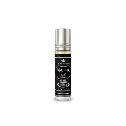 Silver-topped glass rollerball bottle of al rehab crown perfumes ameer concentrated perfume oil 6 ml