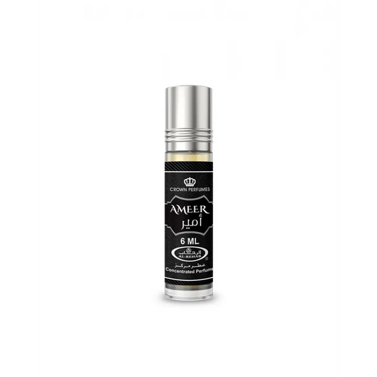 Silver-topped glass rollerball bottle of al rehab crown perfumes ameer concentrated perfume oil 6 ml