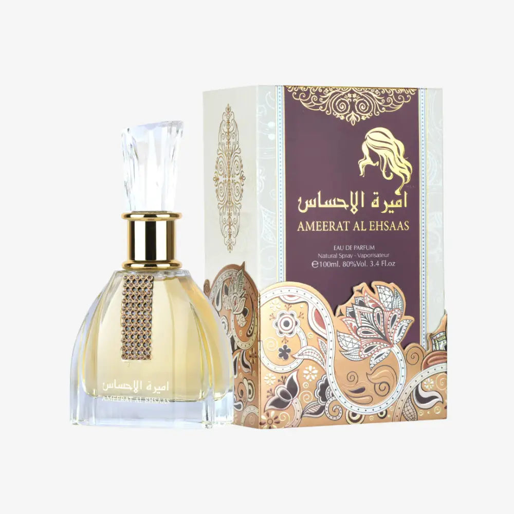 Perfume bottle and packaging of Ameerat Al Ehsaas on a white background
