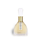 Perfume bottle with gold cap and clear label on a white background