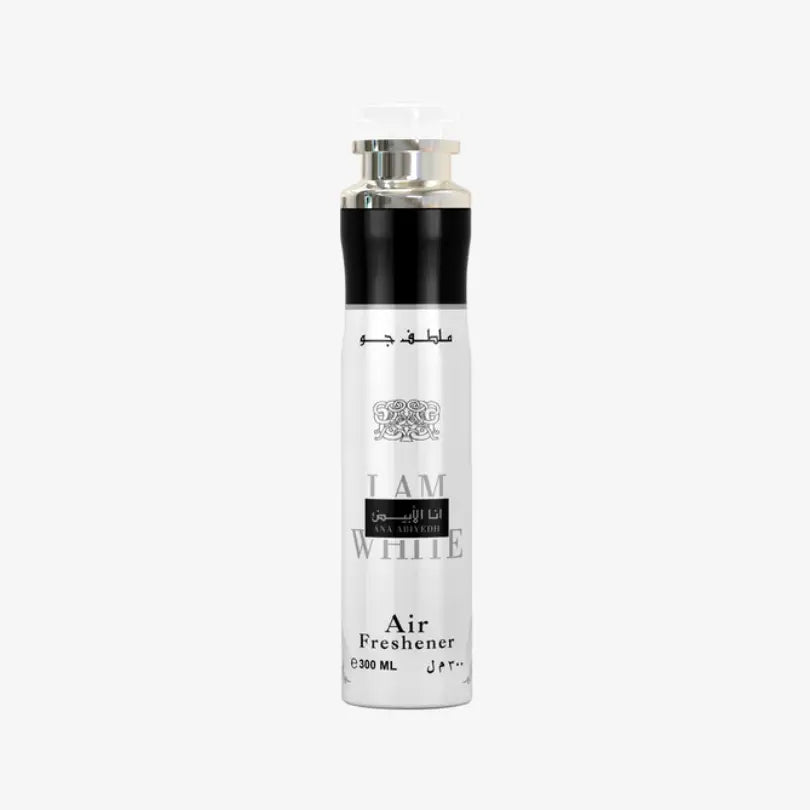 Silver and black cylindrical ana abiyedh air freshener spray with metallic cap labeled i am white by anna sui warm amber scent
