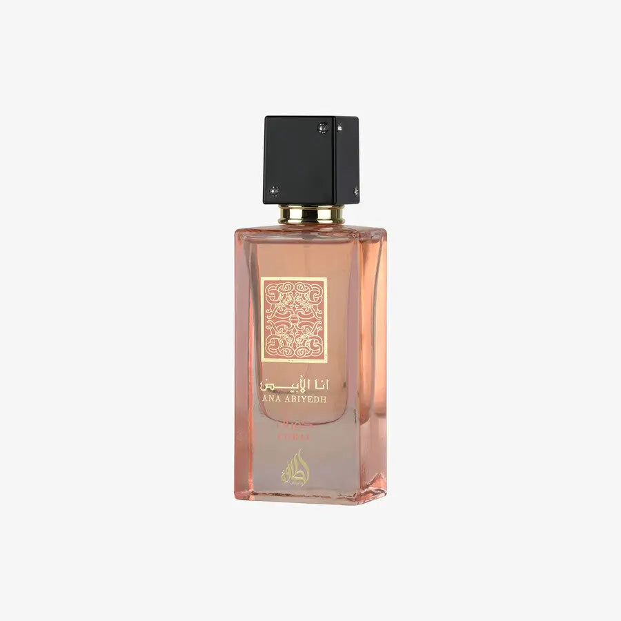 Perfume bottle with a black cap and gold accents on a white background