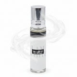 Clear glass perfume bottle with a black label on a white background