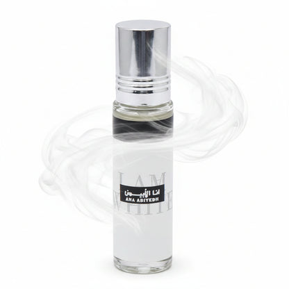 Clear glass perfume bottle with a black label on a white background