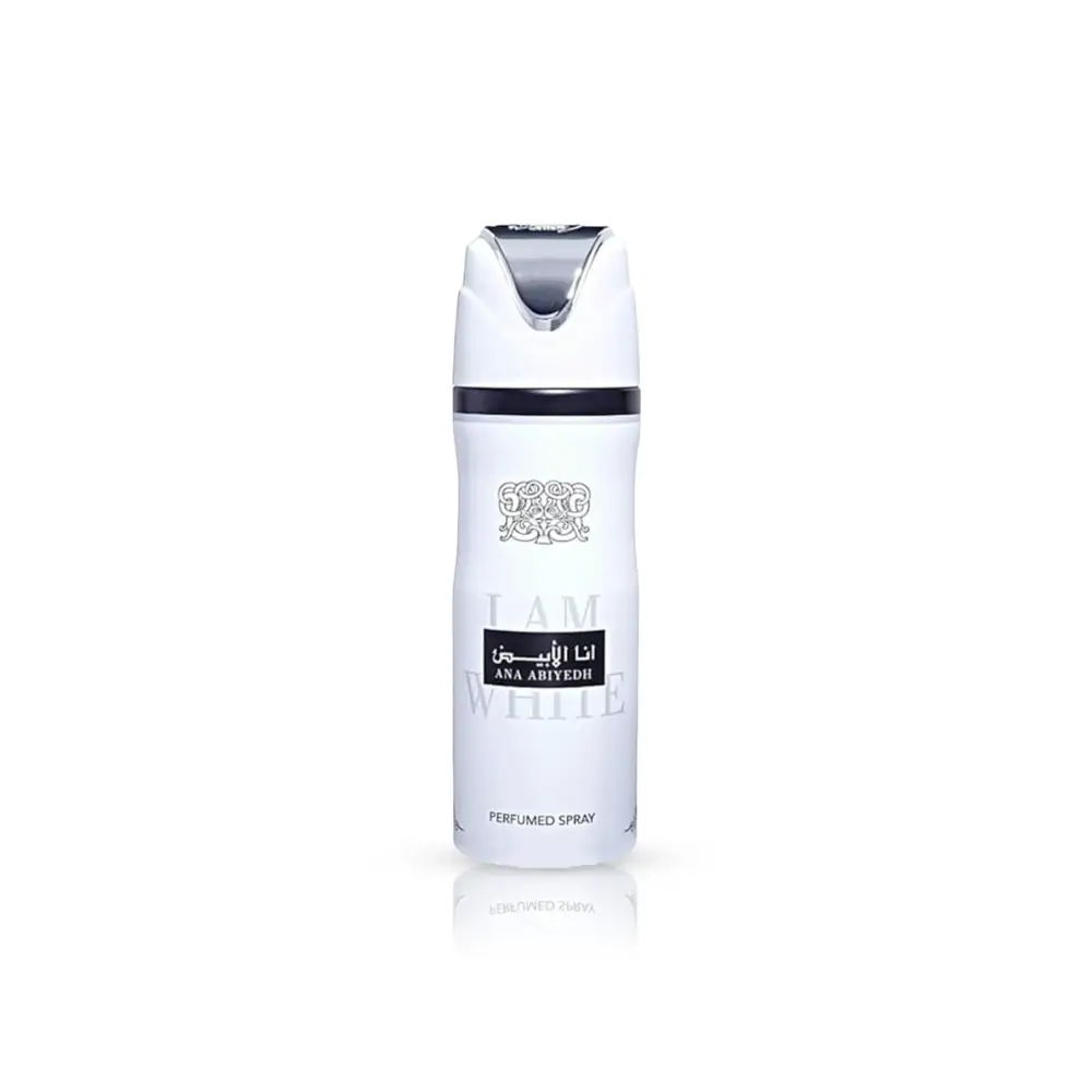 White cylindrical ana abiyedh perfumed body spray bottle with silver cap and arabic script label for white musk fragrance