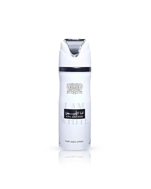 White cylindrical ana abiyedh perfumed body spray bottle with silver cap and arabic script label for white musk fragrance