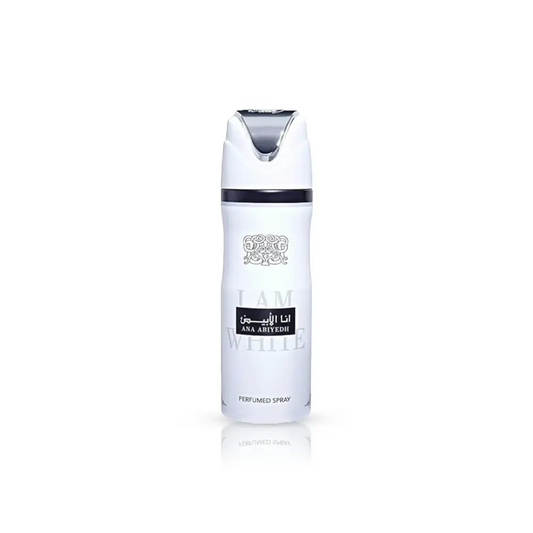 White cylindrical ana abiyedh perfumed body spray bottle with silver cap and arabic script label for white musk fragrance