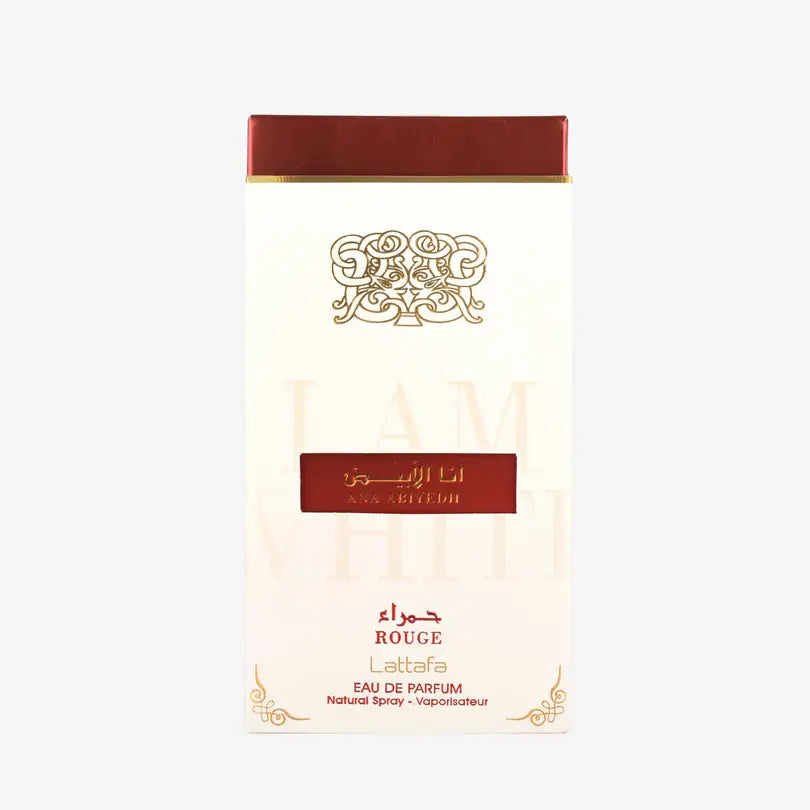 Cream-colored rectangular ana abiyedh rouge perfume box with gold designs and red top from lattafa ana abiyedh collection