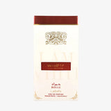 Cream-colored rectangular ana abiyedh rouge perfume box with gold designs and red top from lattafa ana abiyedh collection