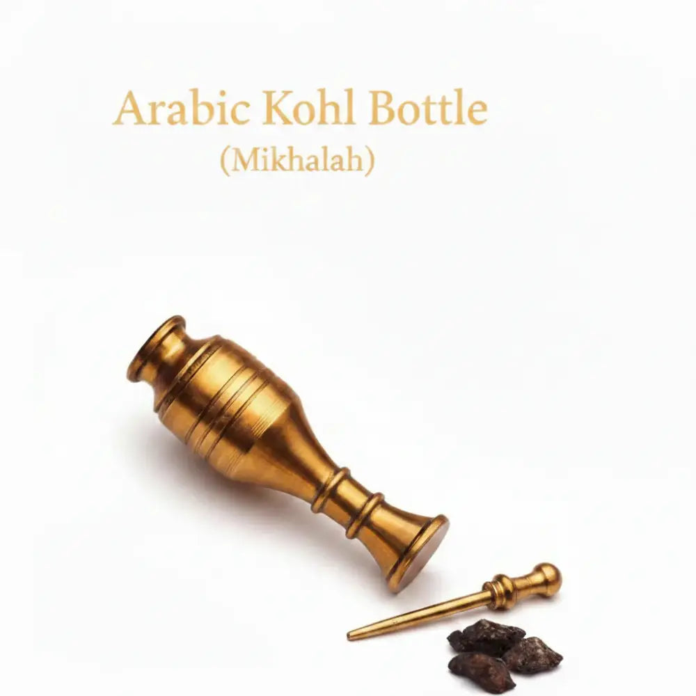 Golden solid brass arabic kohl bottle mikhalah with slender ridged body and matching surma container applicator 8cm