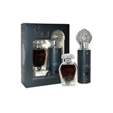 Dark green glass arabiyat al faris perfume bottles with silver ornate caps and matching dark gray faris edp 100ml and deo 200ml gift box