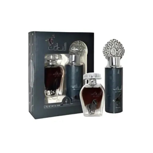 Dark green glass arabiyat al faris perfume bottles with silver ornate caps and matching dark gray faris edp 100ml and deo 200ml gift box