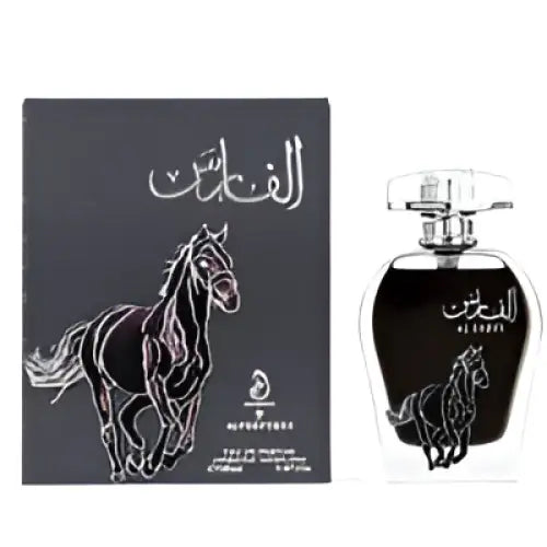 Black Arabiyat Al Faris parfum bottle with silver horse design and matching dark gray box featuring Arabic script and notes