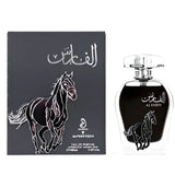 Black Arabiyat Al Faris parfum bottle with silver horse design and matching dark gray box featuring Arabic script and notes
