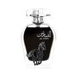 Black arabiyat al faris parfum bottle with silver horse silhouette arabic script clear glass faris eau notes 100ml unisex