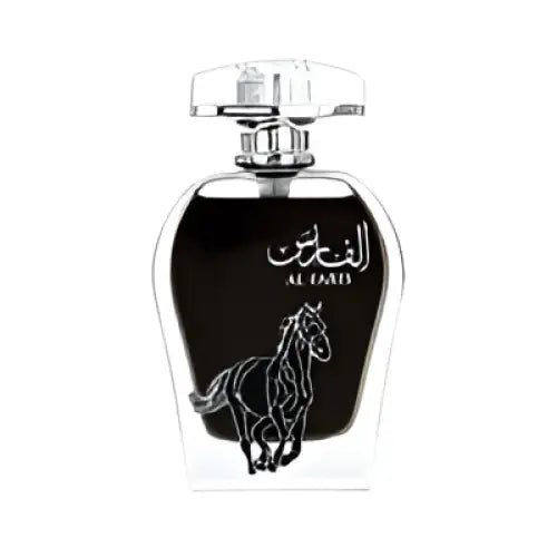Black arabiyat al faris parfum bottle with silver horse silhouette arabic script clear glass faris eau notes 100ml unisex