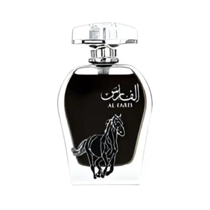 Black arabiyat al faris parfum bottle with silver horse silhouette arabic script clear glass faris eau notes 100ml unisex