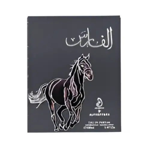Black arabiyat al faris eau de parfum 100ml unisex package with white horse line art and arabic script featuring parfum notes