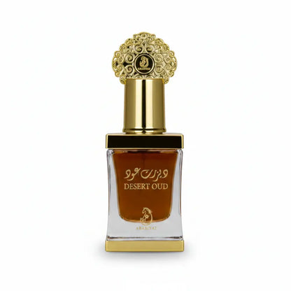 Desert Oud perfume bottle with gold cap and Arabic text on a white background