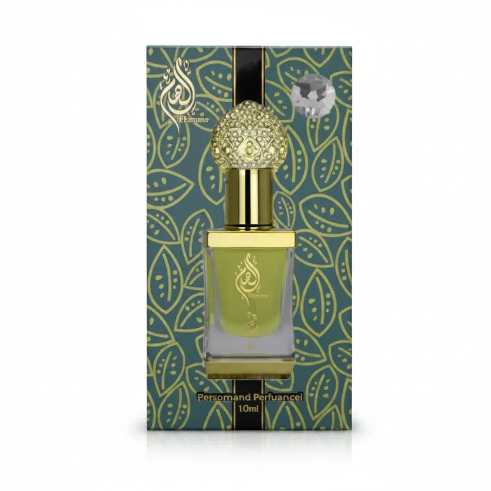 Perfume bottle with decorative packaging on a white background