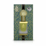 Perfume bottle with decorative packaging on a white background