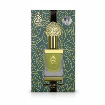 Perfume bottle with decorative packaging on a white background