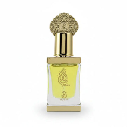 Perfume bottle with gold cap and white label on a white background