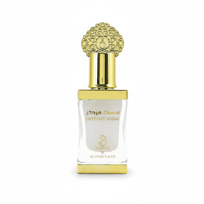 Perfume bottle with gold cap and clear body on a white background