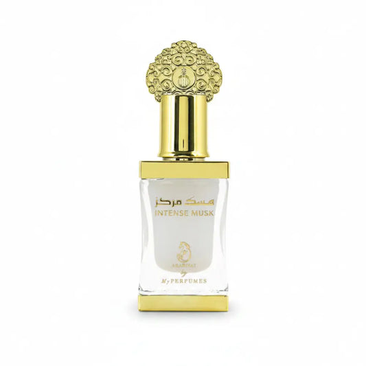 Perfume bottle with gold cap and clear body on a white background
