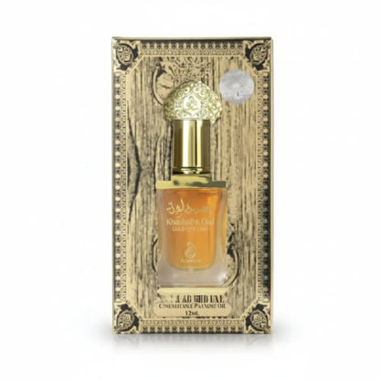 Perfume bottle with decorative packaging on a white background Arabiyat - Khashab & Oud Gold | CPO 12ML | Unisex