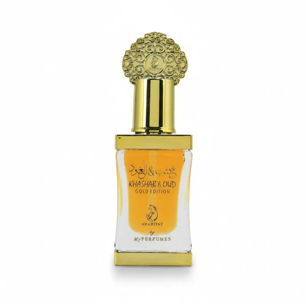 Perfume bottle with gold cap and white label on a white background Arabiyat - Khashab & Oud Gold | CPO 12ML | Unisex