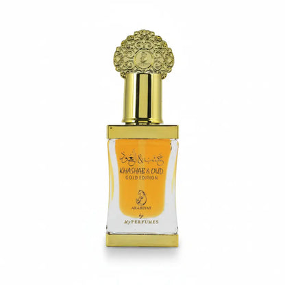 Perfume bottle with gold cap and white label on a white background Arabiyat - Khashab & Oud Gold | CPO 12ML | Unisex