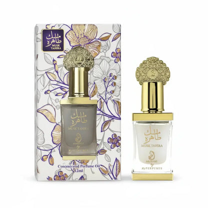 Two perfume bottles with decorative packaging on a white background