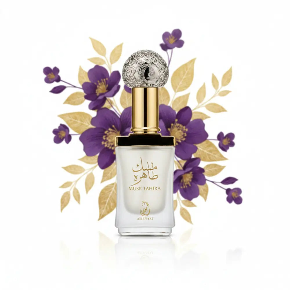 Perfume bottle with floral packaging on a white background
