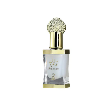 Perfume bottle with gold cap and clear body on a white background