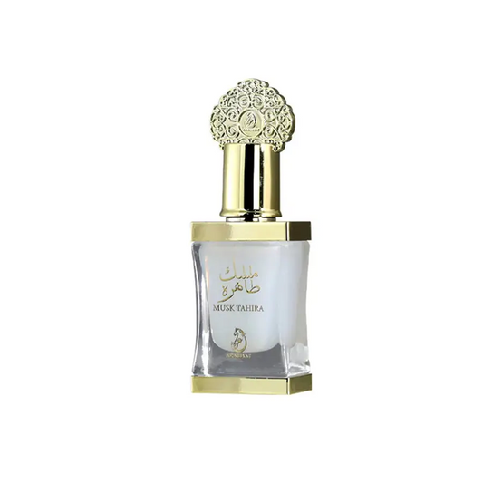 Perfume bottle with gold cap and clear body on a white background