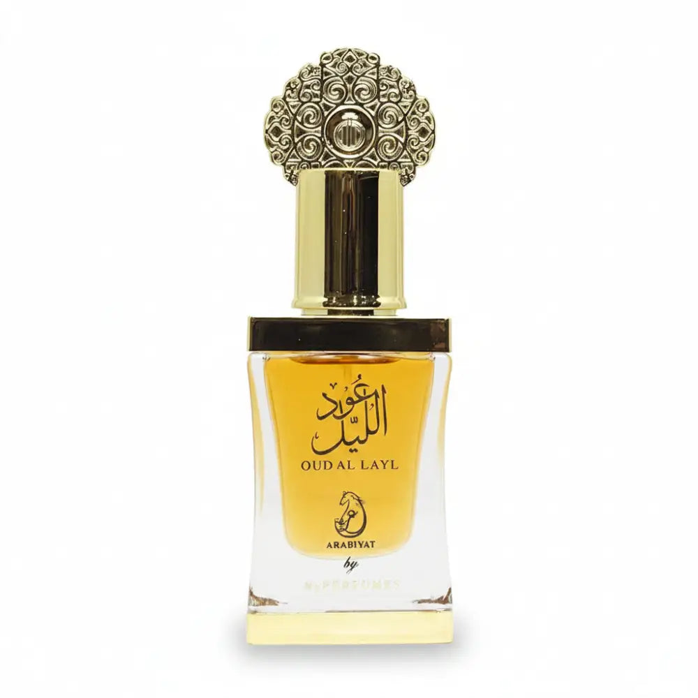 Perfume bottle with ornate cap on a white background