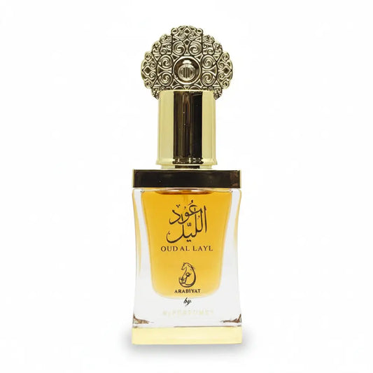 Perfume bottle with ornate cap on a white background